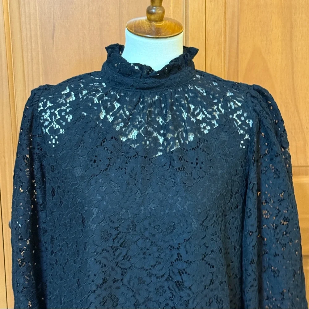 J Crew Ruffle Neck Dress in Black Lace